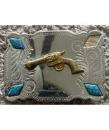 Pistol Six Shooter Gun Belt Buckle Nickel Silver Gold T Turquoise Wester... - £15.02 GBP