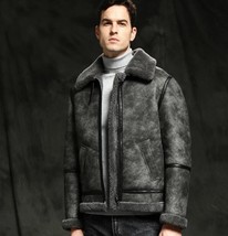 Men’s RAF FLYING Aviator Distressed Grey Sheepskin Leather Bomber Coat - $242.75 CAD+
