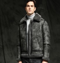 Men’s RAF FLYING Aviator Distressed Grey Sheepskin Leather Bomber Coat - £139.80 GBP+