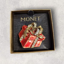 MONET Brooch Pin Crystal Rhinestones Red Enamel Gift Box Gold Ribbon Signed NEW - $15.12