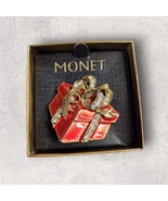 MONET Brooch Pin Crystal Rhinestones Red Enamel Gift Box Gold Ribbon Sig... - $15.12