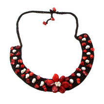 Floral Passion Red Coral and Pearl Embellished Necklace - £11.60 GBP