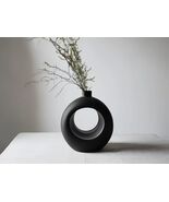Black Donut Vase Ceramic Modern Minimalist Hollow Circle Pampas Grass Ho... - $14.70
