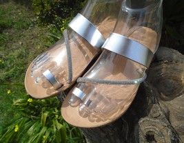 Women&#39;s Handmade Greek Leather Sparkly Toe Strap Sandals - £38.57 GBP