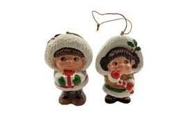 Vintage Pair of Tisha Eskimo Christmas Holiday Boy and Girl Ornaments - £15.53 GBP
