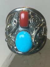 Turquoise ring coral southwest band sterling silver women men - £122.49 GBP
