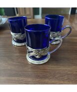 Vintage Set of 3 Cobalt Blue Glass Cups with Silver Plated Holders - $30.00