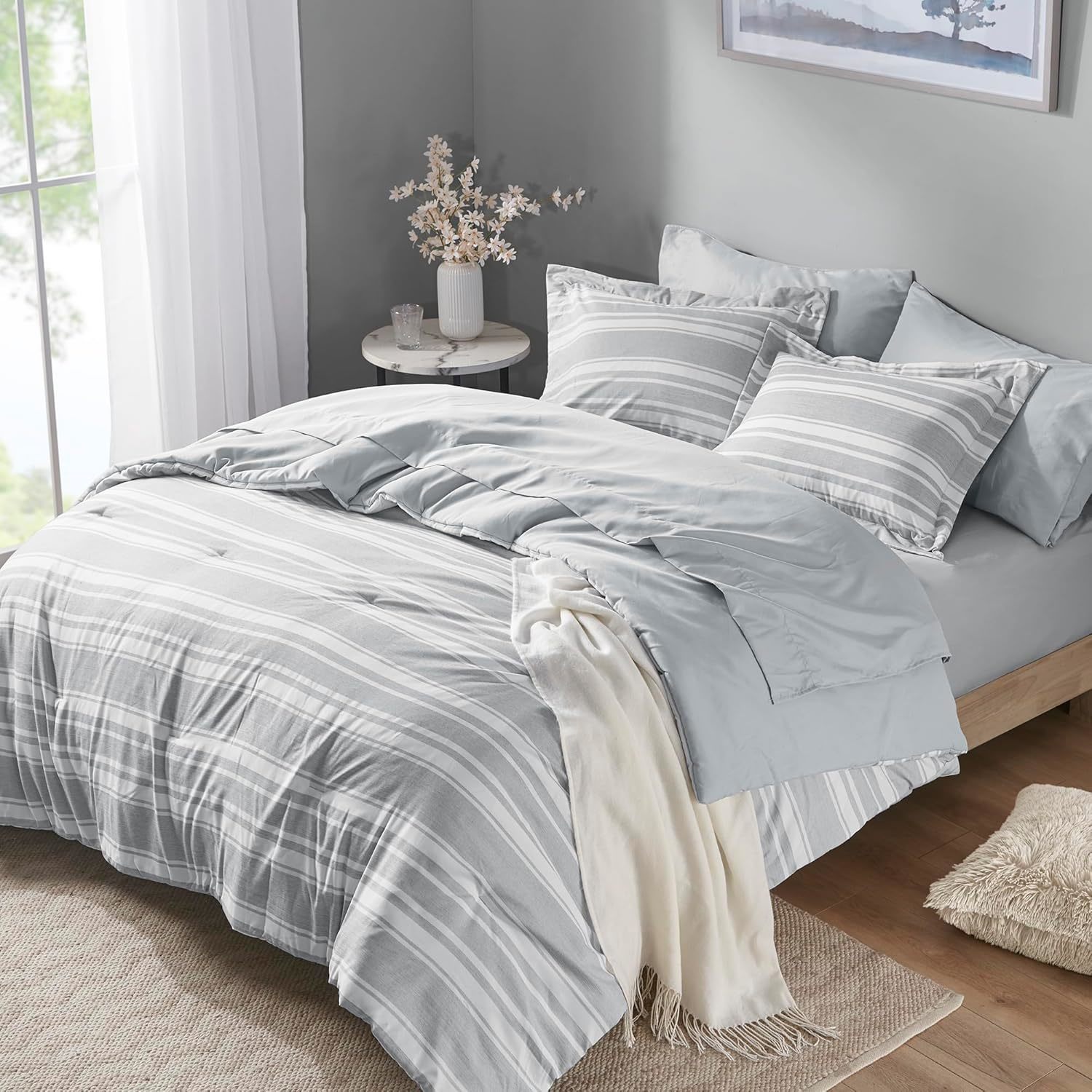 Codi Nimbus Bed in a Bag Full Size, Gray White Striped Bedding Comforter Sets fo