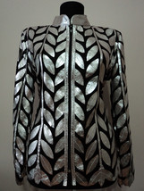 Silver Leather Leaf Jacket Women All Colors Sizes Genuine Lambskin Zip Short D4 - £177.78 GBP