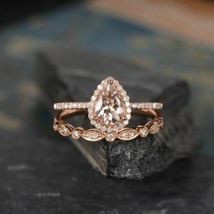 1.75Ct Brilliant Pear Cut Peach Morganite 14K Rose Gold Over Bridal Ring Set - £102.95 GBP