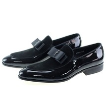 Handmade Patent Leather And Nubuck Leather Patchwork With Bow Tie Men Wedding Bl - £105.08 GBP
