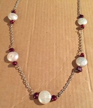 Vintage Hand Crafted 1970s Nacre MOP Swirl And Cranberry Red Pearls Silv... - £35.85 GBP