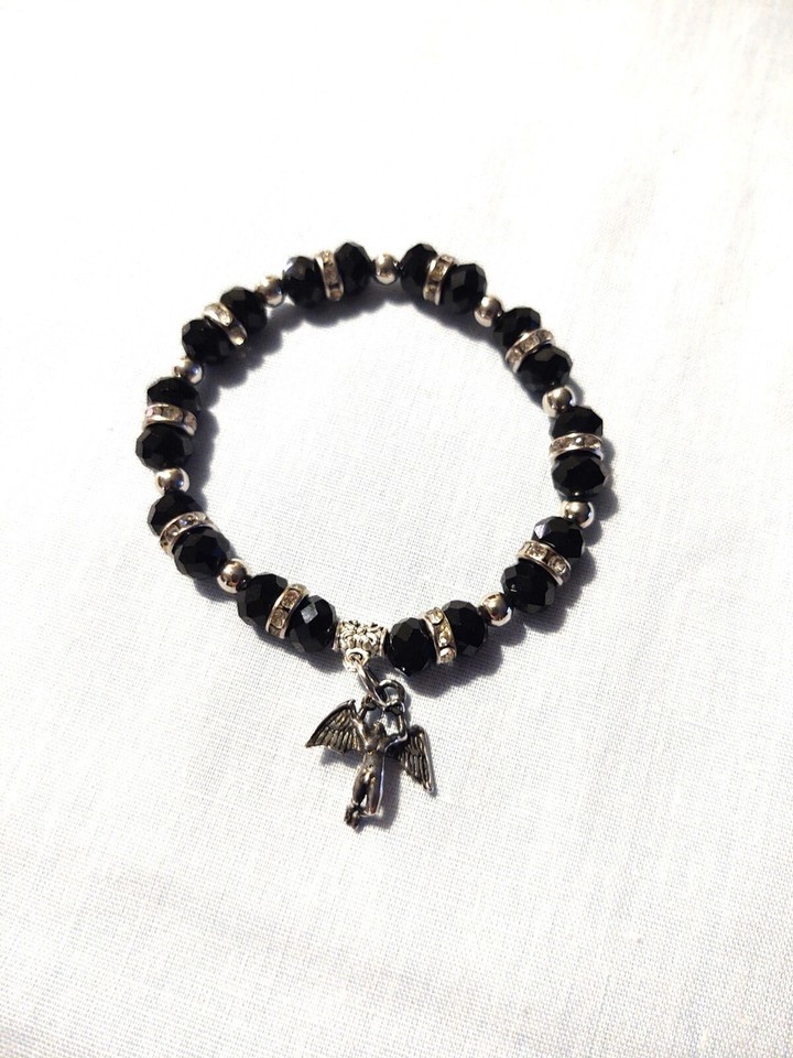 ICARUS CHARM on BLACK CRYSTAL BEADS and RHINESTONE RINGS STRETCH BRACELET 7" Item image 2