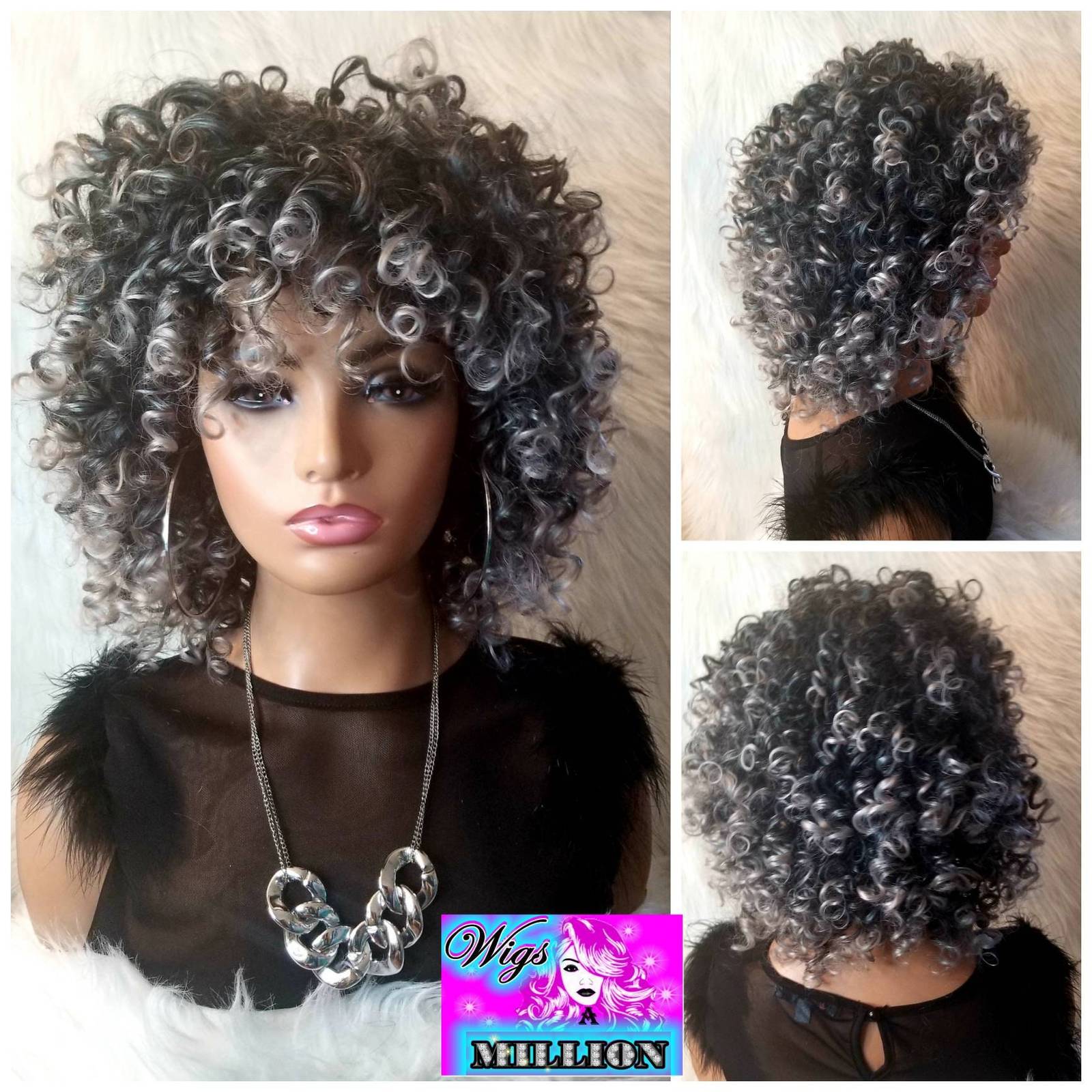 Primary image for Marcy" Grey Afro Kinky Curly, Grey Synthetic wig, Full Cap, Glueless Wig, Salt a
