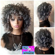 Marcy&quot; Grey Afro Kinky Curly, Grey Synthetic wig, Full Cap, Glueless Wig, Salt a - £58.17 GBP
