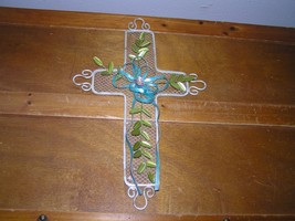 Estate Shabby Cottage White Turquoise &amp; Green Painted Metal Cross with Dainty  - £8.29 GBP