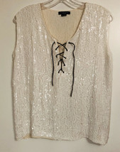 Vintage Gryphon Silk Sequin Lace Up Off-White Sleeveless Top tank Drawstring Nec - £23.37 GBP