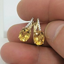 14k Yellow &amp; White Gold Natural Oval Citrine and Round Cubic Zirconia Earrings - - £228.59 GBP