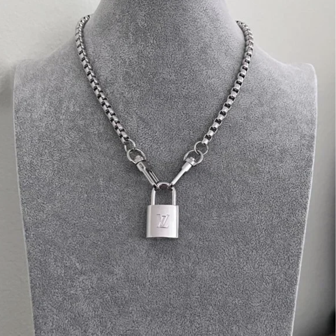 Primary image for New Louis Vuitton Silver-Toned Lock with 18" Box Link Chain Necklace