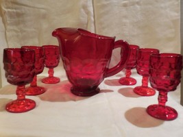 Vintage Red Ruby Viking Georgian Honeycomb Pitcher &amp; 6 Stemmed Glasses - £49.86 GBP