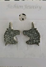 One (1) Pair Fashion Earrings ~ Glittery Unicorn ~ Silver ~ Studs/Posts - £11.73 GBP