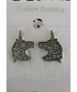 One (1) Pair Fashion Earrings ~ Glittery Unicorn ~ Silver ~ Studs/Posts - $284.83 MXN
