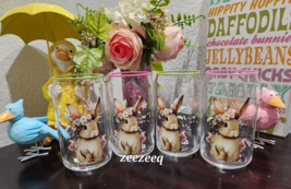 Easter Pastel Bunny Rabbit Glass Drinking Glasses Set of 4 - £47.07 GBP