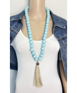 Blue Wood Bead HS Horse Hair Tassel Pendant BOHO Necklace - $55.44