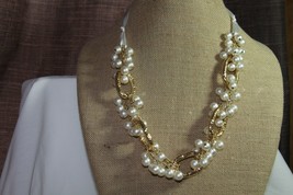 Plunder Necklace (New) Faux Gold Chain Links &amp; Faux Pearls W/ Cream Ribbon 47&quot; - £25.52 GBP