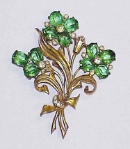 Vintage 3.75&quot; Floral Goldtone Brooch Pin with Large Green Rhinestone - $16.00
