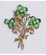 Vintage 3.75&quot; Floral Goldtone Brooch Pin with Large Green Rhinestone - £12.76 GBP