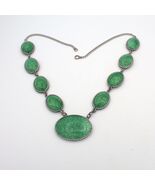 Antique 20s DECO Framed Mottled Green Glass Adjustable Necklace - $82.95