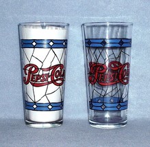 Pepsi Cola Faux Stained Glass 2 Tumblers 6 1/4" tall 70's Excellent - £7.86 GBP