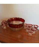 Vintage Indiana Lexington Red Rimmed Glass Punch Bowl Set 1960s [Item 0050] - $265.00