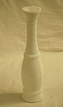 Vintage Footed Bud Vase Opaque Milk White Glass w Abstract Designs Dotted Rim - £29.27 GBP