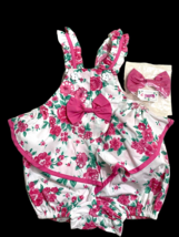 Vtg Baby Girl 3-6M Outfit Romper &amp; Bow Set White Pink Rose Floral NEW Dillard&#39;s - £37.23 GBP