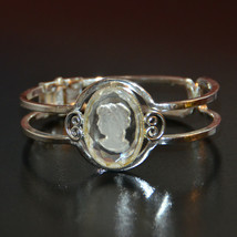 Vintage silver tone crystal glass cameo cabochon cab bracelet clamper cuff - $49.49