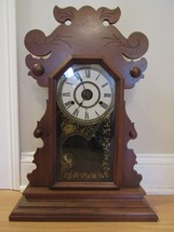 antique gingerbread NEW HAVEN CLOCK CO. mantel reverse painted ALARM wood - $140.24