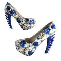 Show Story Bone Spine 5&quot; Heel Women&#39;s 9 Platform Shoes Skulls Blue Roses... - $740.38 MXN
