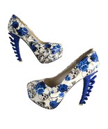 Show Story Bone Spine 5&quot; Heel Women&#39;s 9 Platform Shoes Skulls Blue Roses... - $740.38 MXN