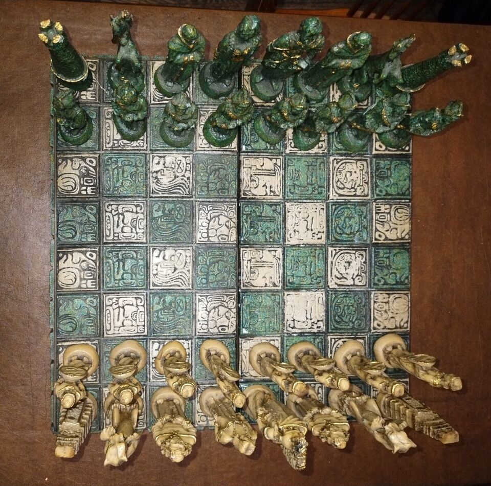 Primary image for Vintage Aztec Mayan & Conquistadors Folding Chess Set ~ Turquoise & White Resin