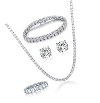18K White Gold Plated Tennis Necklace/Bracelet/Earrings/Band - £145.05 GBP