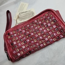 Platania Wristlet wallet Red Italian Leather Studded Bronze Copper Studs  - £21.75 GBP