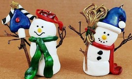Christmas Marshmallow Snowmen Ornaments 2 1/2&quot; x 1 1/2&quot; Set Of 2 Clay - $11.29