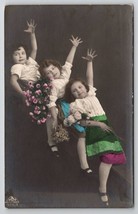 RPPC Darling Young Girls Triplets With Flowers Tinted Studio Photo Postcard Y25 - £6.33 GBP