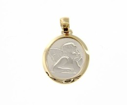18K YELLOW WHITE GOLD PENDANT OVAL MEDAL GUARDIAN ANGEL ENGRAVABLE MADE ... - $391.60