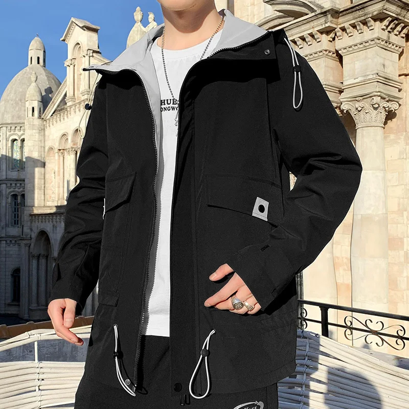  men&#39;s Tooling Windbreaker jacket solid color trend Harajuku personality zipper  - £134.22 GBP