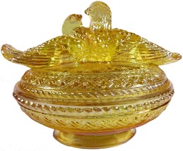 1970&#39;s Westmoreland Glass Honey Amber Carnival Lovebirds 5.75&quot;l Covered Dish - £94.35 GBP