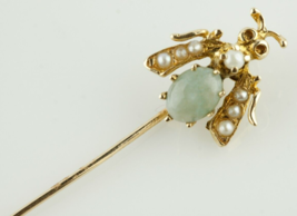 14k Yellow Gold Jade Cabochon Bee Fly Pin with Seed Pearls Gorgeous - $447.22