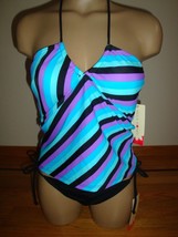 New Hula Honey Junior&#39;s 2 Pc Swimsuit Multi Stripe TANKINI/SIDE Tie Bottom Sz M - £29.50 GBP